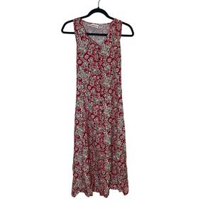 Vintage 90s Toyjours Floral Maxi Dress M Red Rayon Button Front Tie Back